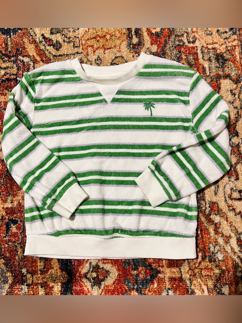 Little Co Terry Cloth Crewneck with White / Green Striped Combo
